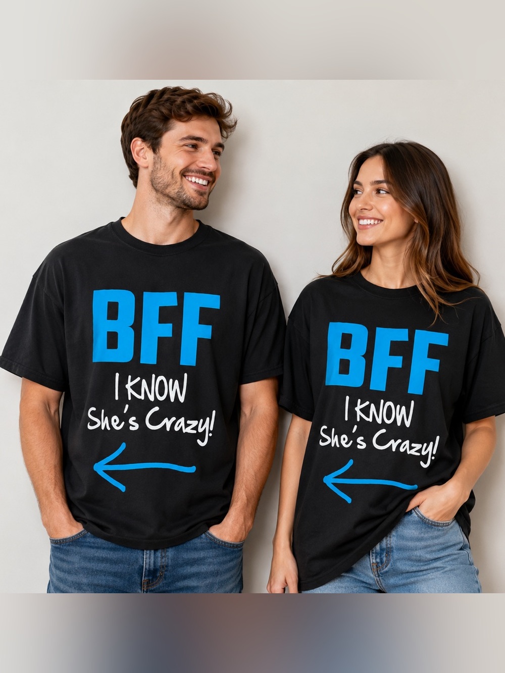Gildan Black Short Sleeve Tee with Blue & White "BFF I Know She's Crazy" Graphic